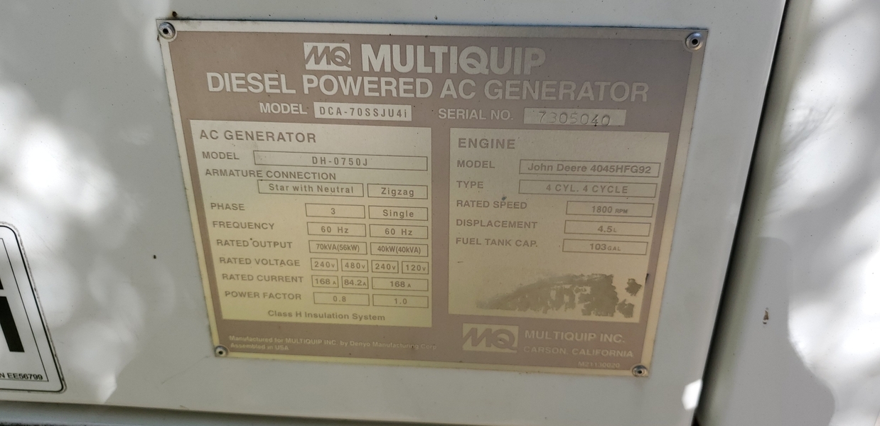 Used Multiquip DCA-70SSJU4I Rental Grade Diesel Generator, 1008 hrs, EPA Tier 4i