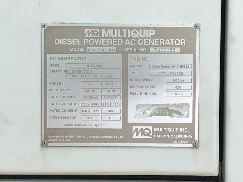 Used Multiquip DCA-70SSJU4I John Deere 4045HFG92 Rental Grade Diesel Generator, 708 hrs, EPA Tier 4i