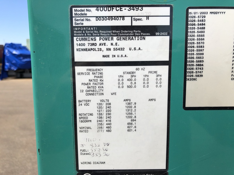 Used Cummins DFCE NTA855-G5 Diesel Generator, 423 Hrs