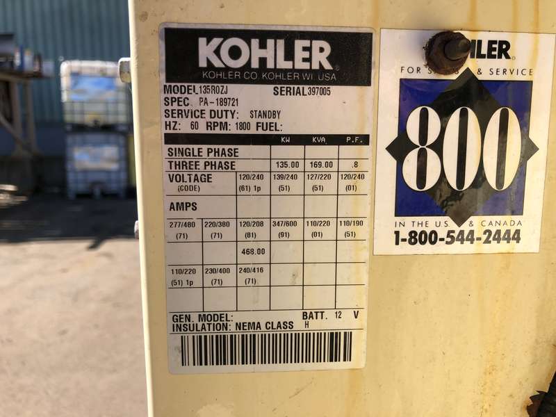 Used Kohler 135ROZJ John Deere 6081TF001 Diesel Generator, 667 Hrs