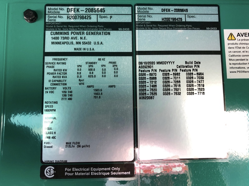 New Cummins DFEK QSX15-G9 Diesel Generator EPA Tier 2