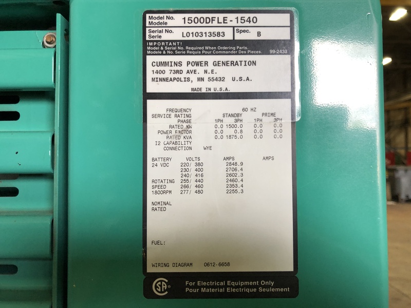 Used Cummins DFLE KTA50-G9 Diesel Generator, 407 Hrs