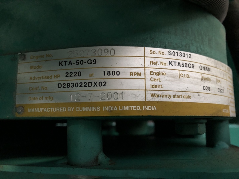 Used Cummins DFLE KTA50-G9 Diesel Generator, 407 Hrs