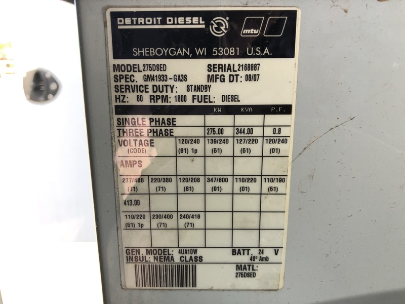 Used MTU 275DSED Diesel Generator 1612 Hrs EPA Tier 3