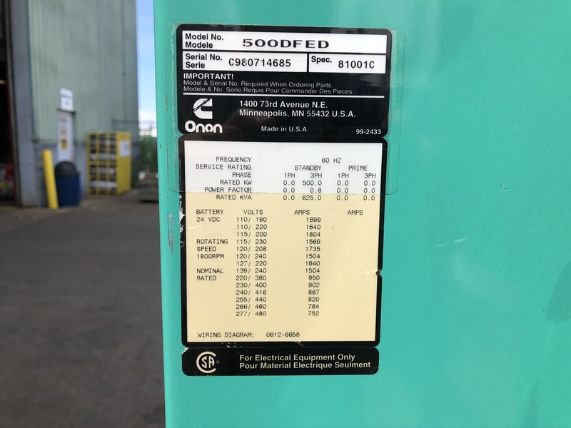 Used Cummins DFED KTA19-G4 Diesel Generator, 82 Hrs