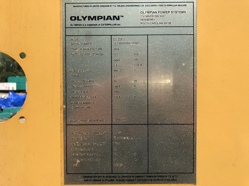Used Caterpillar Olympian D125P1 Diesel Generator, 857 Hrs