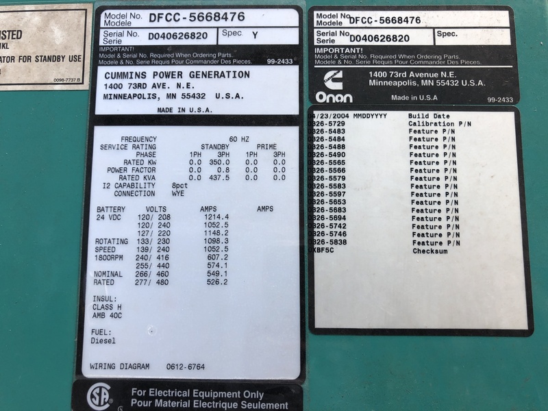 Used Cummins 350DFCC Diesel Generator, 385 Hrs