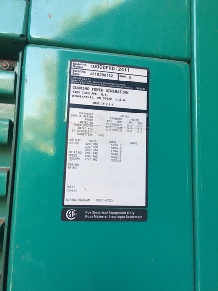 Used Cummins DFHD, QST30-G5 Diesel Generator, 539 Hrs
