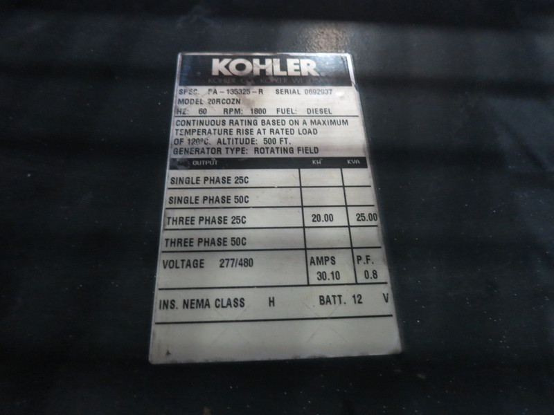 Used Kohler 20RCOZN Rental Grade / Super Quiet  Diesel Generator, 3240 Hrs