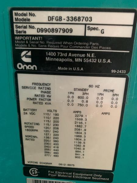 Used Cummins DFGB Diesel Generator, 627 Hrs