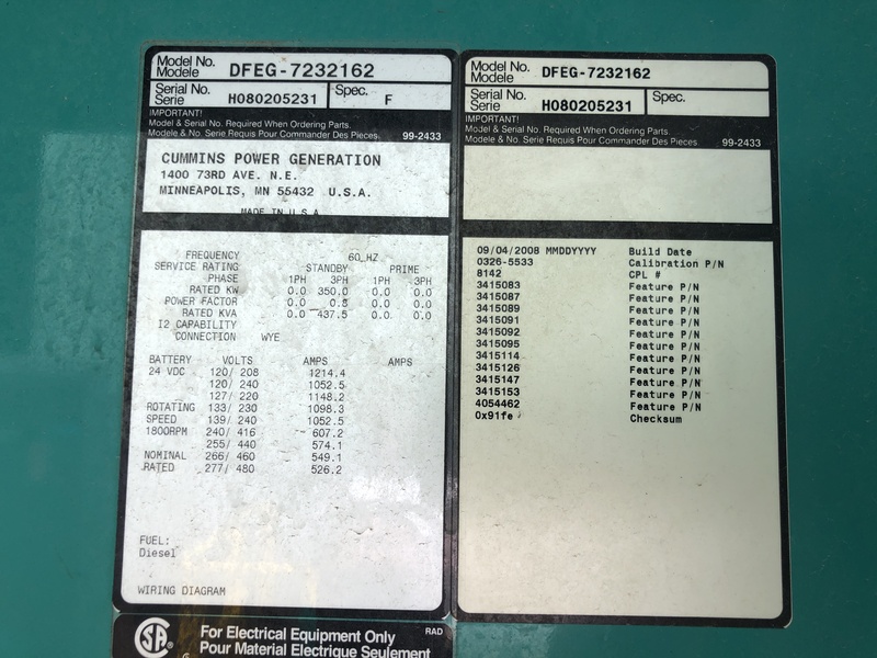Used Cummins DFEG Diesel Generator, 741 Hrs EPA Tier 2