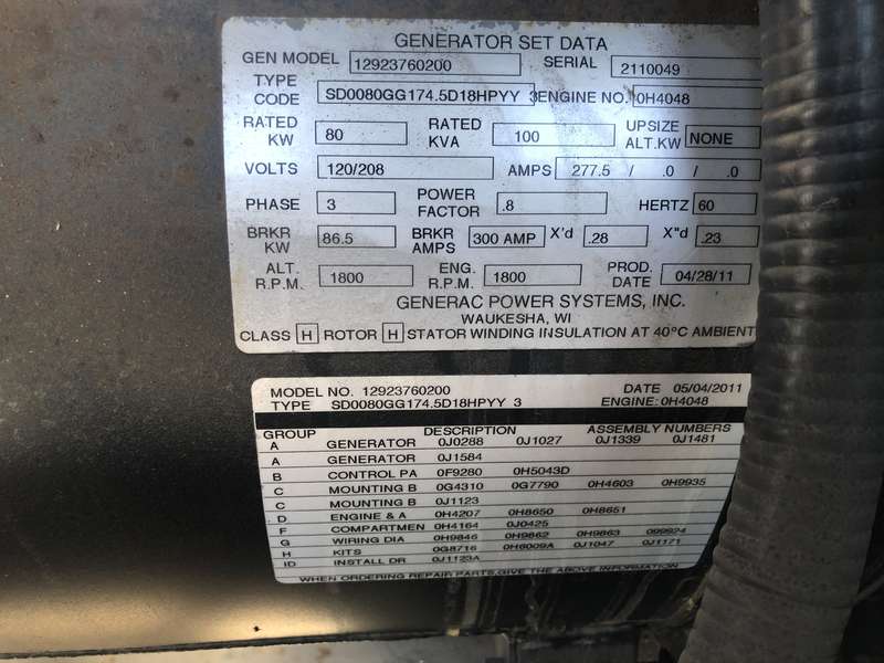 Used Generac SD080 Diesel Generator, 223 Hrs, EPA Tier 3