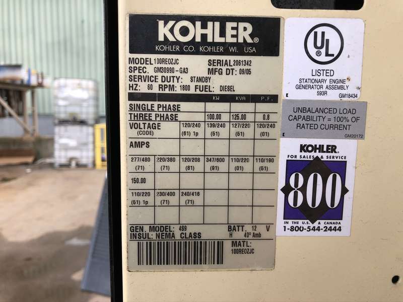 Used Kohler 100REOZJC Diesel Generator, 81 Hrs
