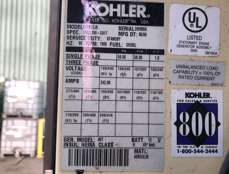Used Kohler 60REOZJB Diesel Generator, 97 Hrs, EPA Tier 2, Single Phase