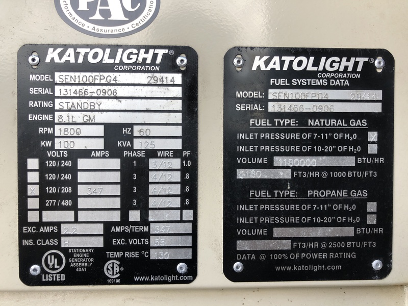 Used Katolight N100FPG4 Natural Gas / Propane Generator, 169 Hrs