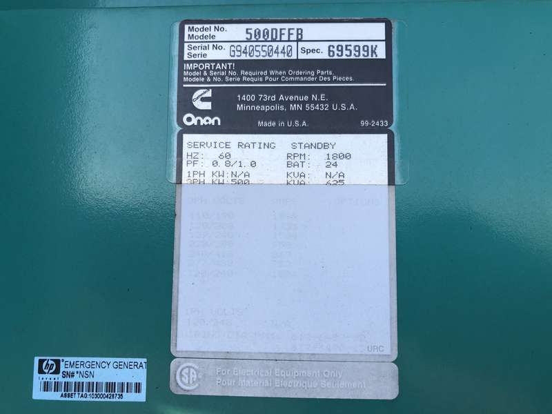 Used Cummins DFFB KTTA19-G2 Diesel Generator, 485 Hrs