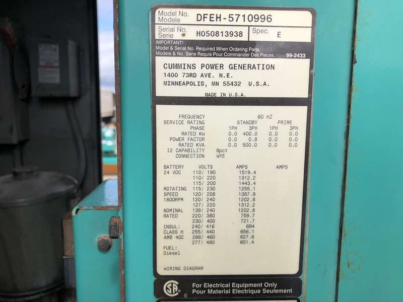 Used Cummins DFEH QSX15-G9 NR2 Diesel Generator 8987 Hrs EPA Tier 2