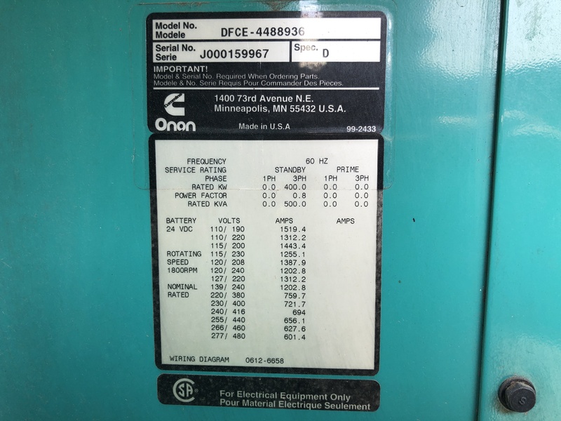Used Cummins DFCE NTA855-G5 Diesel Generator, 405 Hrs
