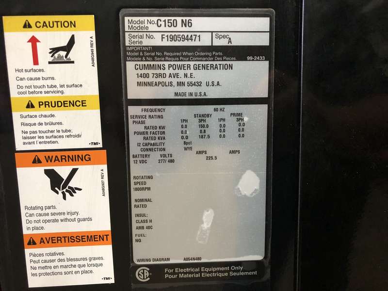 New Cummins C150N6 QSJ8.9G Natural Gas Generator, 1.6 Hrs, EPA Certified