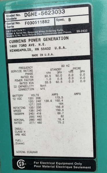 Used Cummins DGHE B3.3-G2 Diesel Generator, 490 Hrs