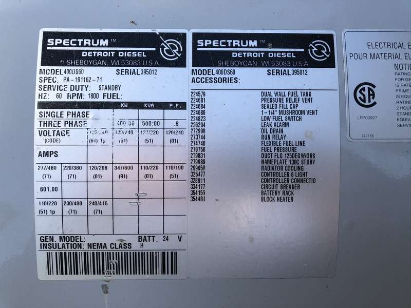 Used Detroit Diesel Spectrum 400DS60 Diesel Generator, 1015 Hrs