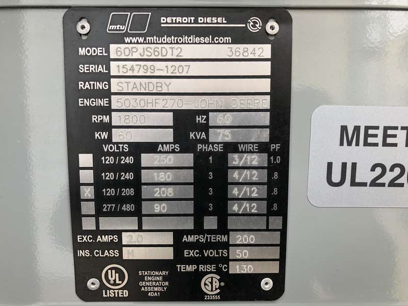 Used MTU / Detroit Diesel DS60 John Deere 5030HF270 Diesel Generator ...