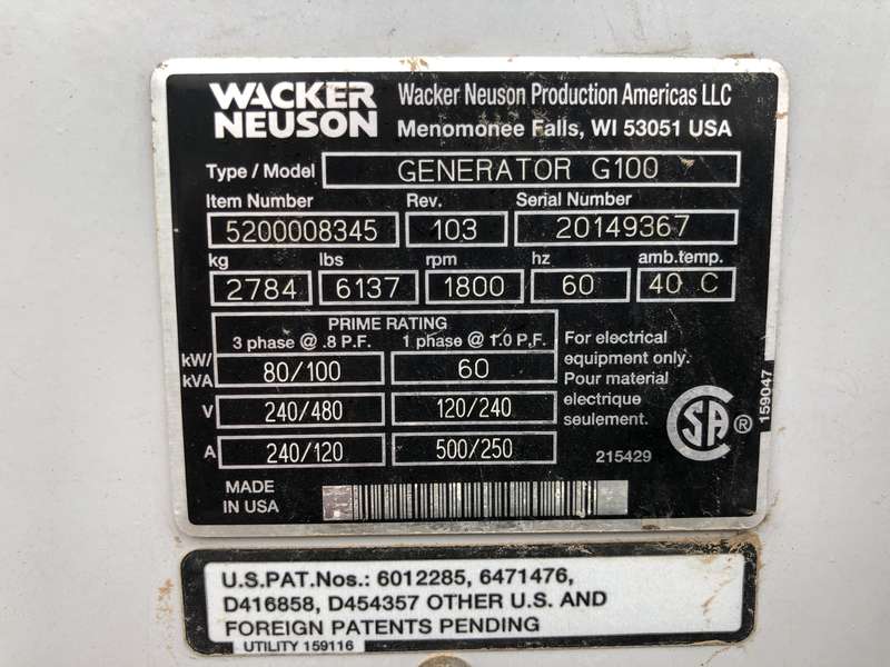 Used Wacker Neuson G100 Rental Grade Diesel Generator, 13587 Hrs, EPA Tier 3
