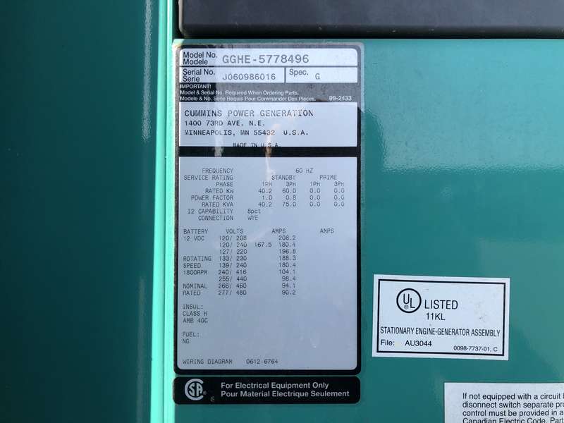 Used Cummins GGHG Natural Gas Generator, 258 Hrs