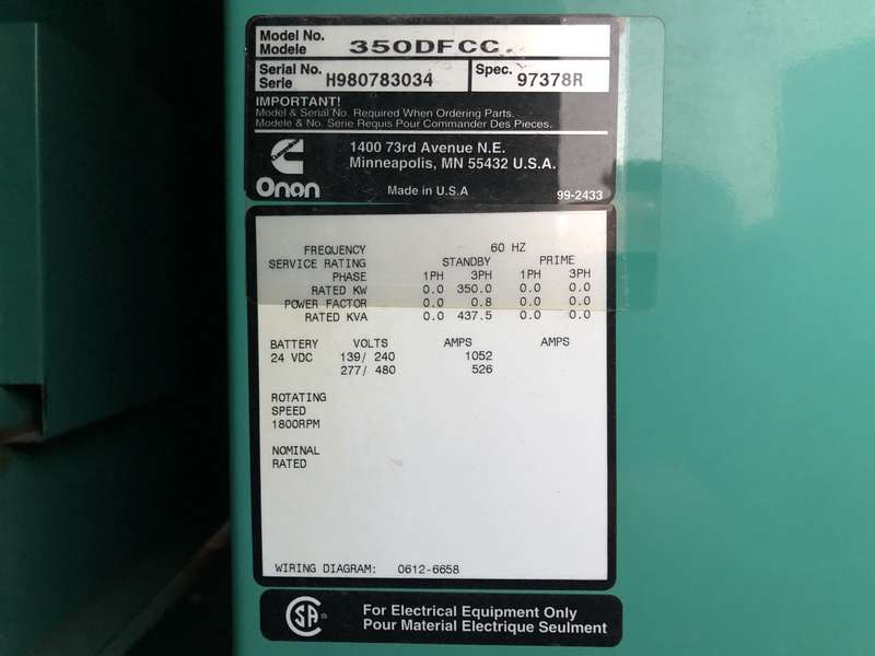 Used Cummins 350DFCC NTA-855-G3 Diesel Generator, 357 Hrs