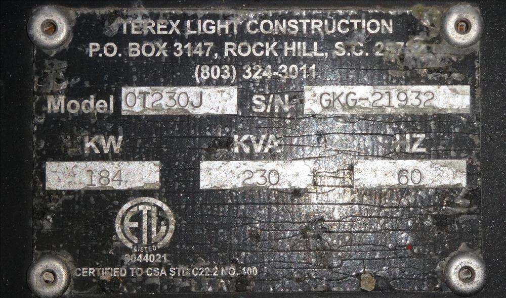 Used Terex OT230J Rental Grade Diesel Generator, 388 Hrs