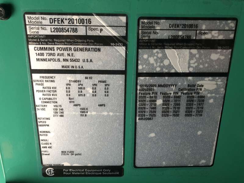 New Cummins DFEK QSX15-G9 Diesel Generator EPA Tier 2