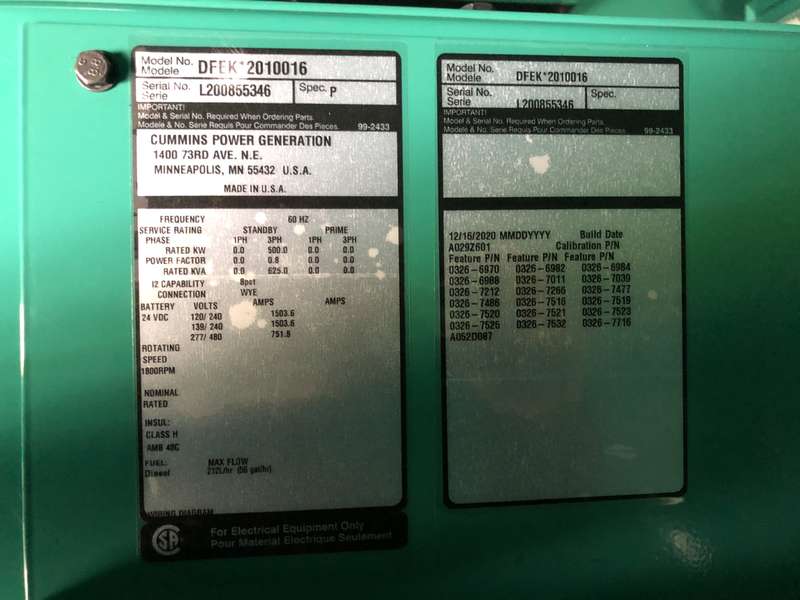 New Cummins DFEK QSX15-G9 Diesel Generator EPA Tier 2
