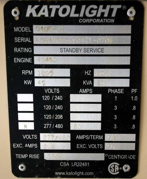 Used Katolight D40FRJ4 John Deere 4045DF150 Diesel Generator, 57 Hrs