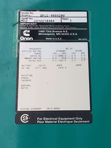 Used Cummins DFLC KTA50-G3 Diesel Generator, 441 Hrs