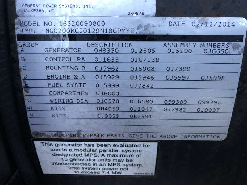 Used Generac MG200 Natural Gas Generator, 136 Hrs, EPA Certified