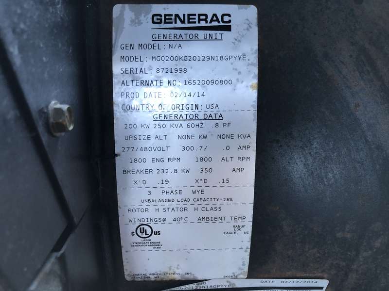 Used Generac MG200 Natural Gas Generator, 124 Hrs, EPA Certified