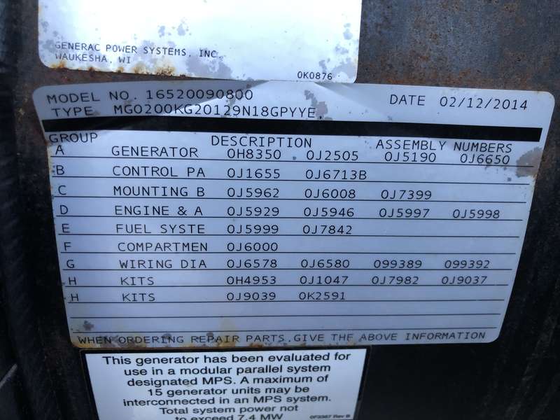 Used Generac MG200 Natural Gas Generator, 124 Hrs, EPA Certified