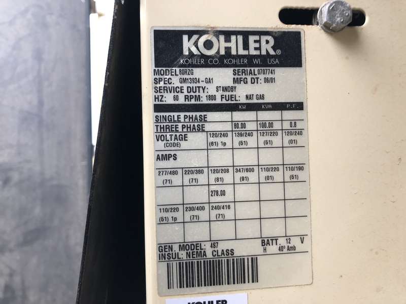 Used Kohler 80RZG Natural Gas/Propane Generator, 173 Hrs