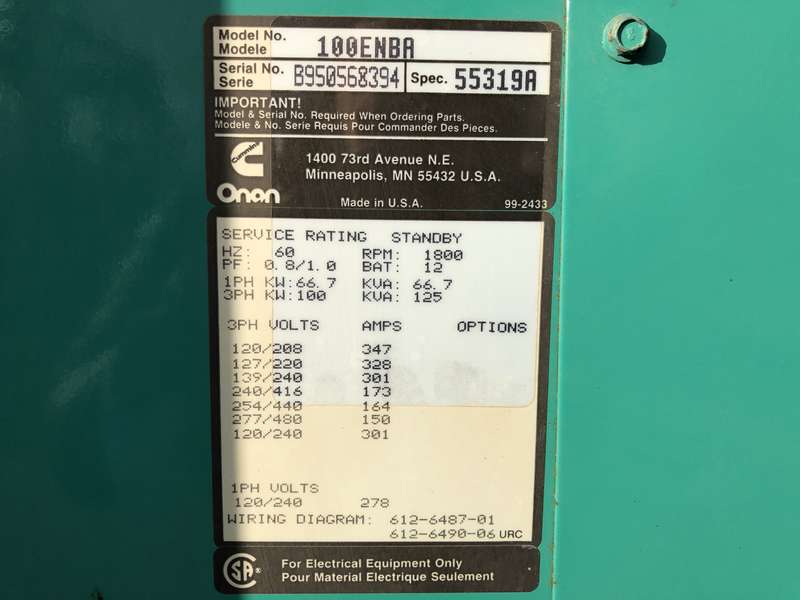 Used Cummins 100 ENBA Natural Gas / Propane Generator, 141 Hrs