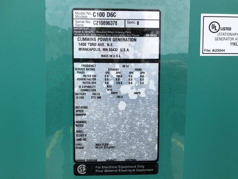 New Cummins C100D6C QSB5-G13 NR3 Diesel Generator, EPA Tier 3