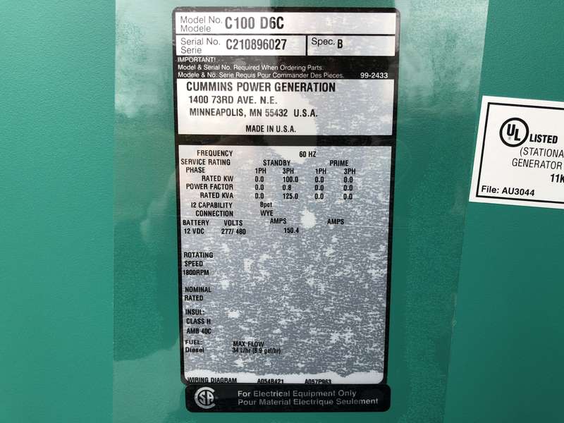 New Cummins C100D6C QSB5-G13 NR3 Diesel Generator, EPA Tier 3