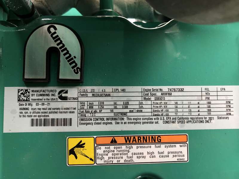 New Cummins C100D6C QSB5-G13 NR3 Diesel Generator, EPA Tier 3