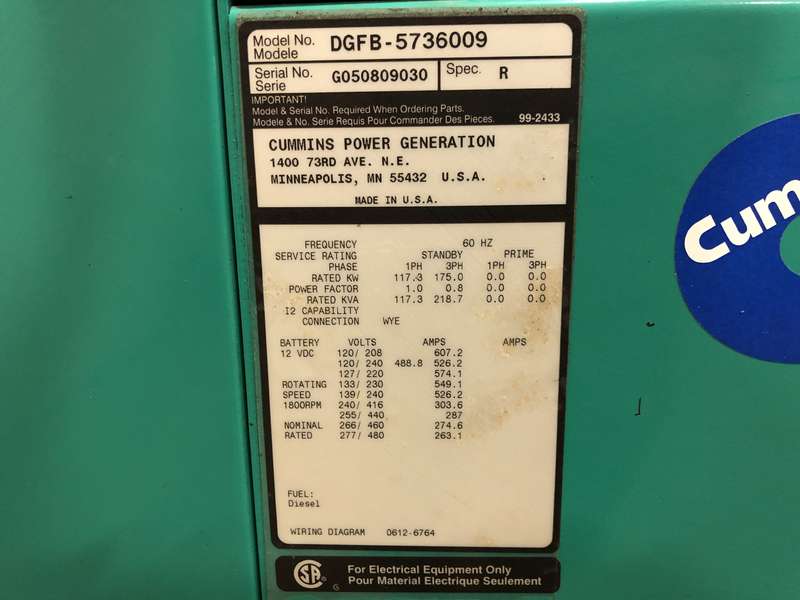 Used Cummins DGFB 6CTA8.3-G2 Diesel Generator, 237 Hrs