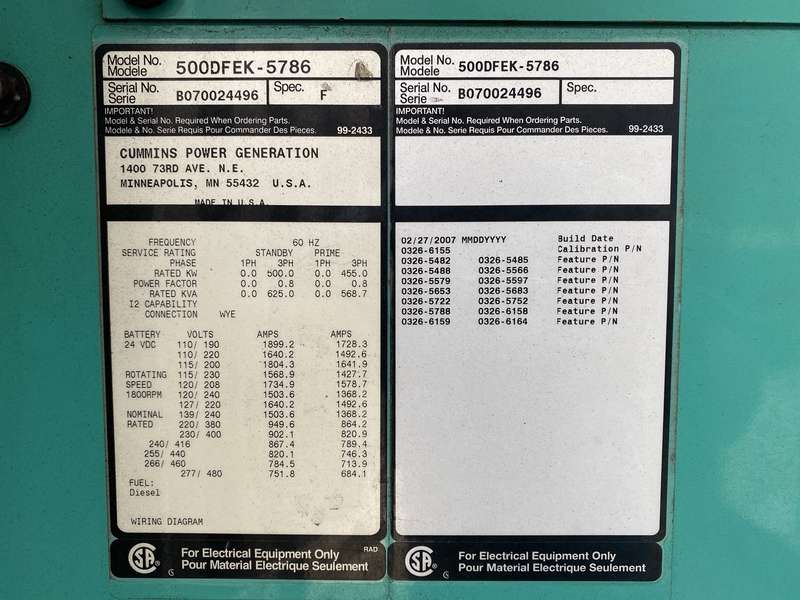 Used Cummins 500DFEK Rental Grade Diesel Generator 4803 Hrs EPA Tier 2