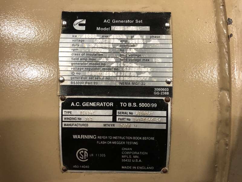 Used Cummins KTA50-GS1  Diesel Generator, 1153 Hrs
