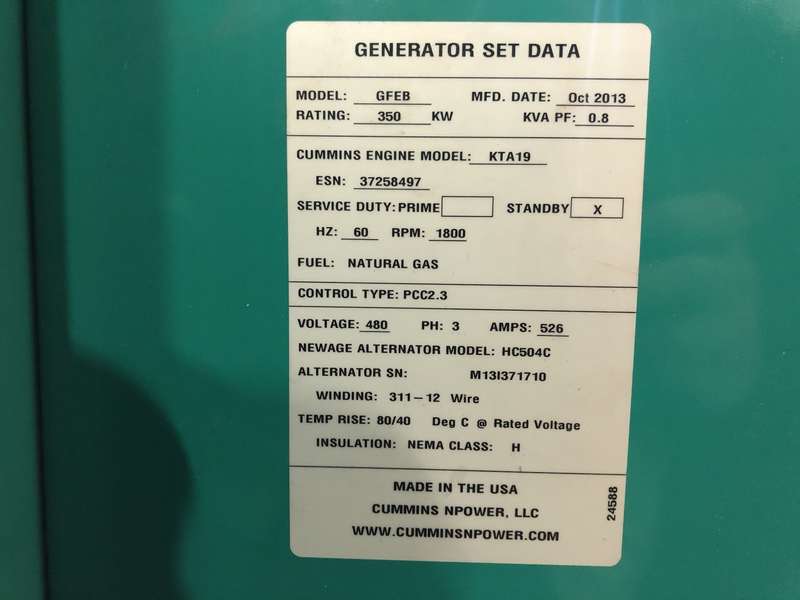 Used Cummins GFEB  KTA19G Natural Gas Generator, 291 Hrs, EPA Certified