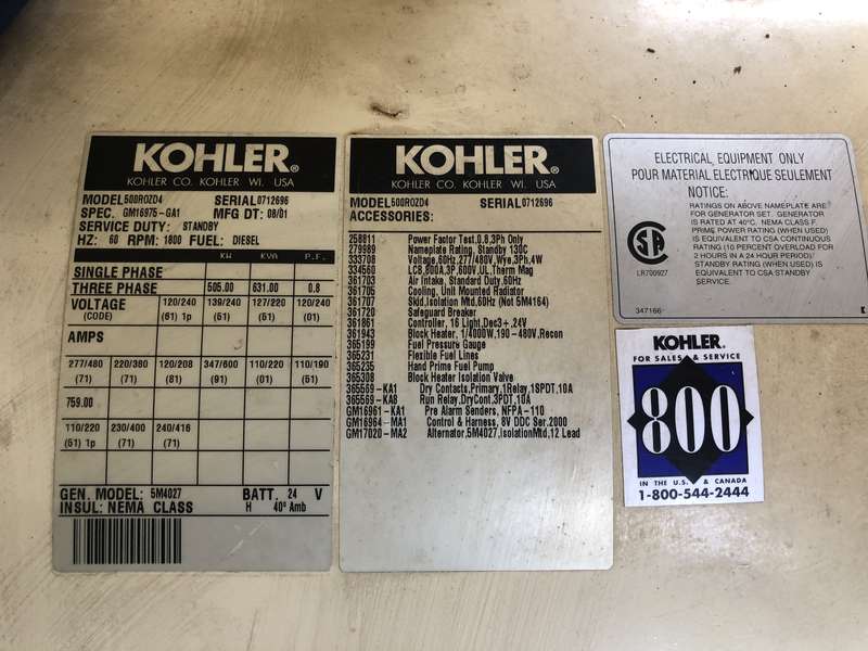 Used Kohler 500ROZD4 Diesel Generator | 909 Hrs | 505 KW | 0 Price | CSDG