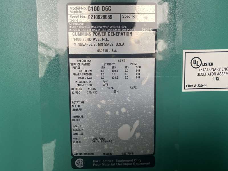 New Cummins C100D6C QSB5-G13 NR3 Diesel Generator, EPA Tier 3