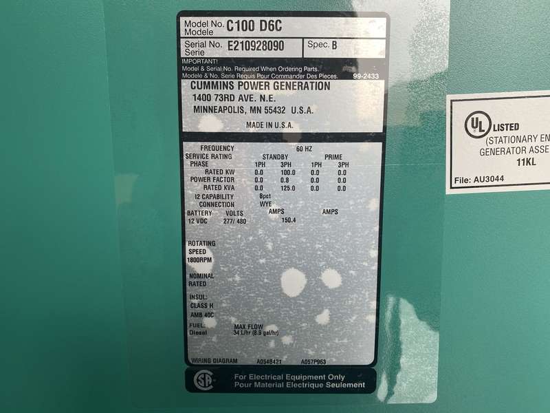 New Cummins C100D6C QSB5-G13 NR3 Diesel Generator, EPA Tier 3