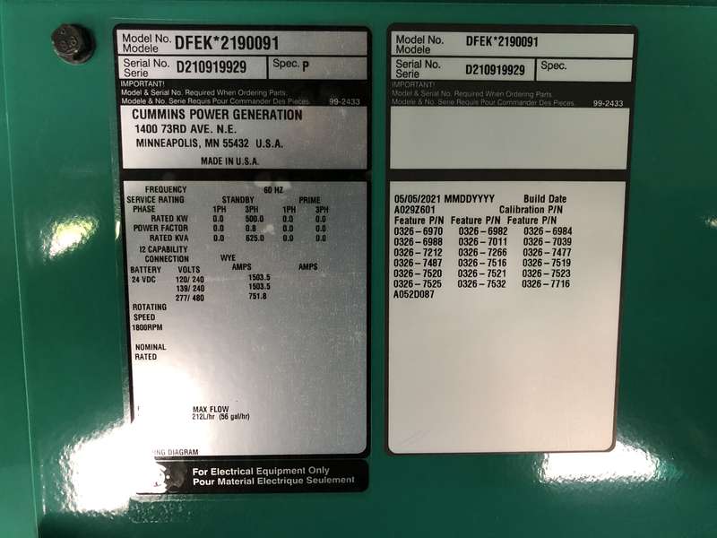 New Cummins DFEK QSX15-G9 Diesel Generator, 0 Hrs,  EPA Tier 2